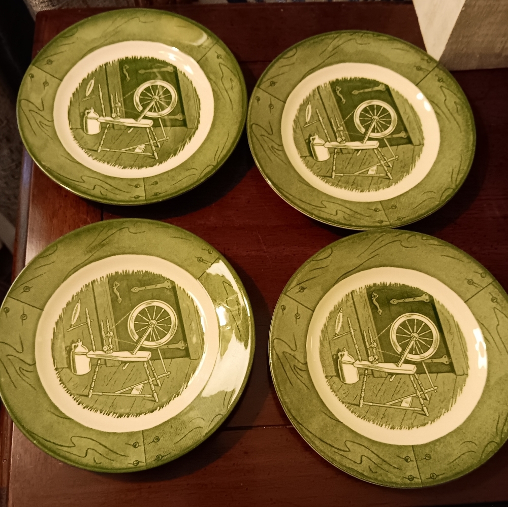 1950s Royal China Green & White Spinning Wheel Transferware 4 bread plates